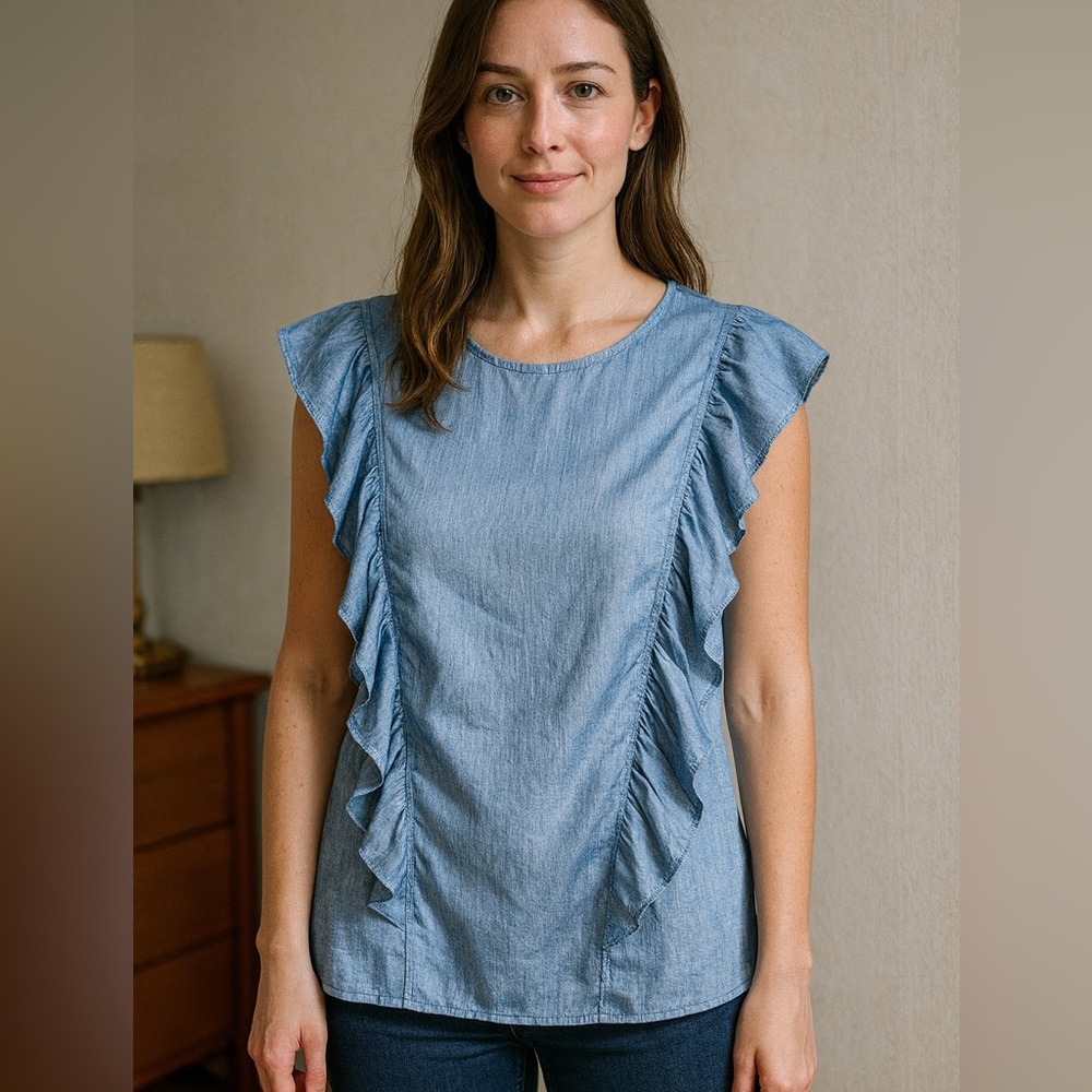 NWT! Select + Trend Women’s Blue Ruffle Sleeve Top Dressy Casual Blouse